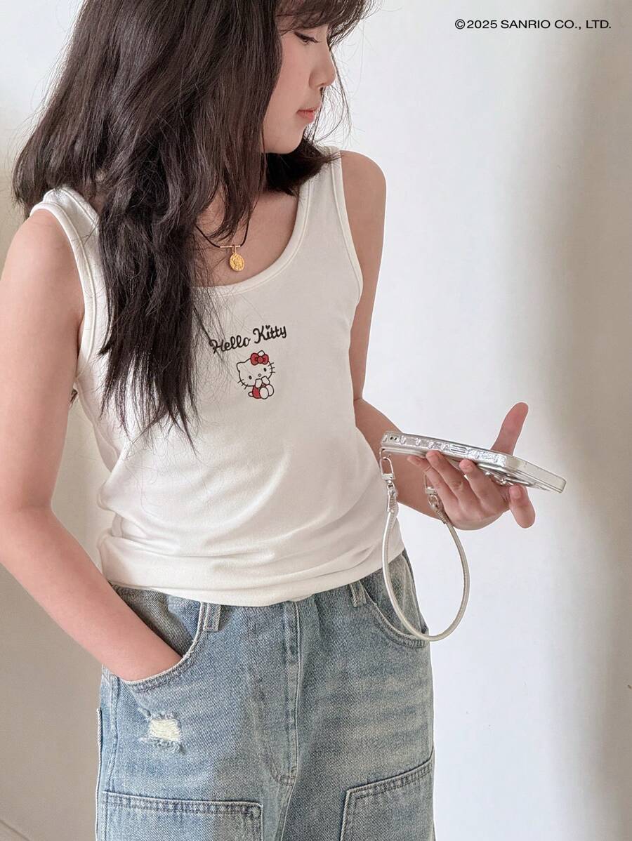 HELLO KITTY | DAZY 圆领针织背心，适合青少年女孩，春夏季，返校服装 - 白色 - 查看 1