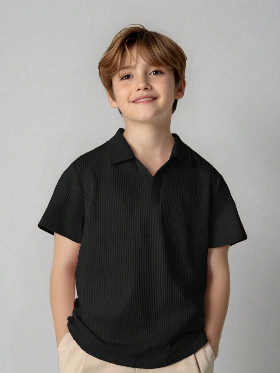 Tween Boy Casual Korean Style Simple Textured Fabric Polo Collar Short Sleeve T-Shirt, Suitable For Commuting, School, Daily Leisure, Sports, Spring/Summer - Black - View 1