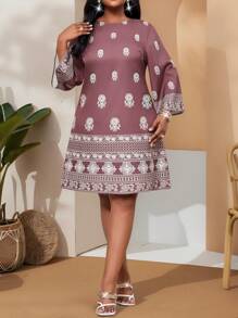 SHEIN Lady 大码女装红色印花夏季假日连衣裙女士大码休闲简约流苏连衣裙夏季 - 彩色 - 查看 4