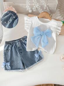 SHEIN Playful Pals 女童休闲甜美圆领盖袖修身短款上衣和蝴蝶结松紧腰磨边牛仔短裤套装 - 白色 - 查看 4
