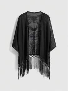 ROMWE EDITION Blusa de cárdigan con flecos asimétricos de tela con textura estilo bohemio, patrón de luna y vid vintage barroco romántico gótico para mujer, primavera/verano
