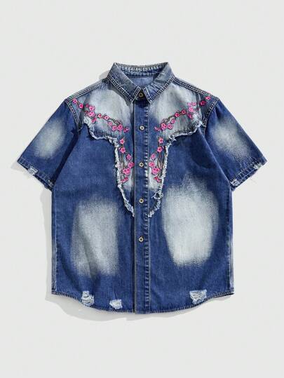 Street Life قميص جينز كاجوال قصير الأكمام للرجال بتطريز زهري، بتصميم كلاسيكي