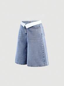 SHEIN 少女白色腰带宽松蓝色牛仔阔腿七分裤 - 淺色水洗藍 - 查看 5