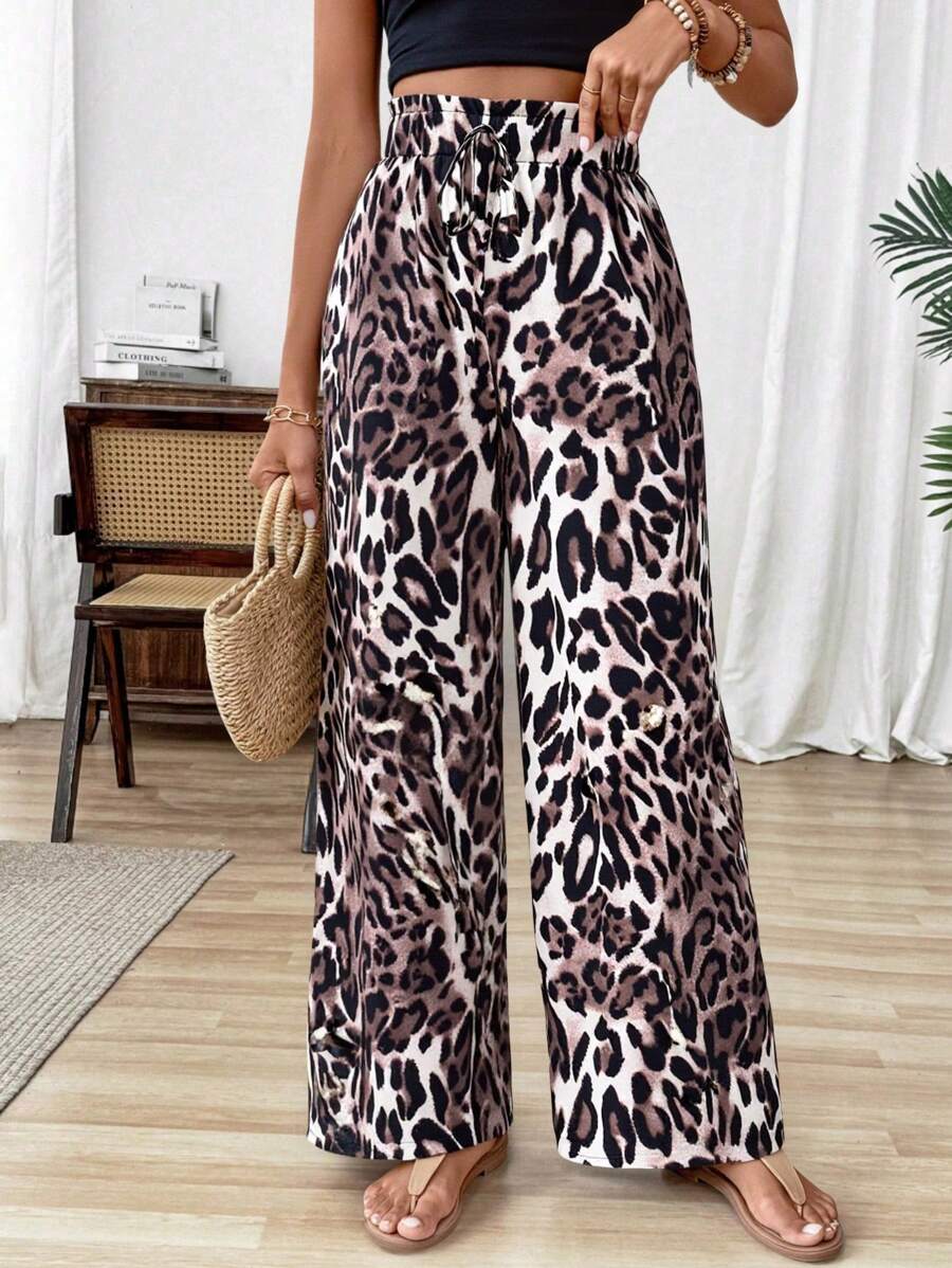 EMERY ROSE Wide Leg Leopard Print Pants, Minimalist And Fashionable, Suitable For Summer Fall Cloth For Women - Multicolor - View 1