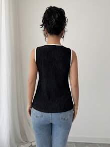 Elenzga Women's Fashion Floral Decor Slit Hem Tank Top - Black and White - View 2