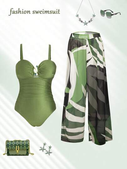 Swim Oasis Plus Size Women Green Jacquard Fabric Casual Vacation Spaghetti Strap Low Neckline One-Piece Swimsuit With Sarong Beach Cover-Up Set For Summer