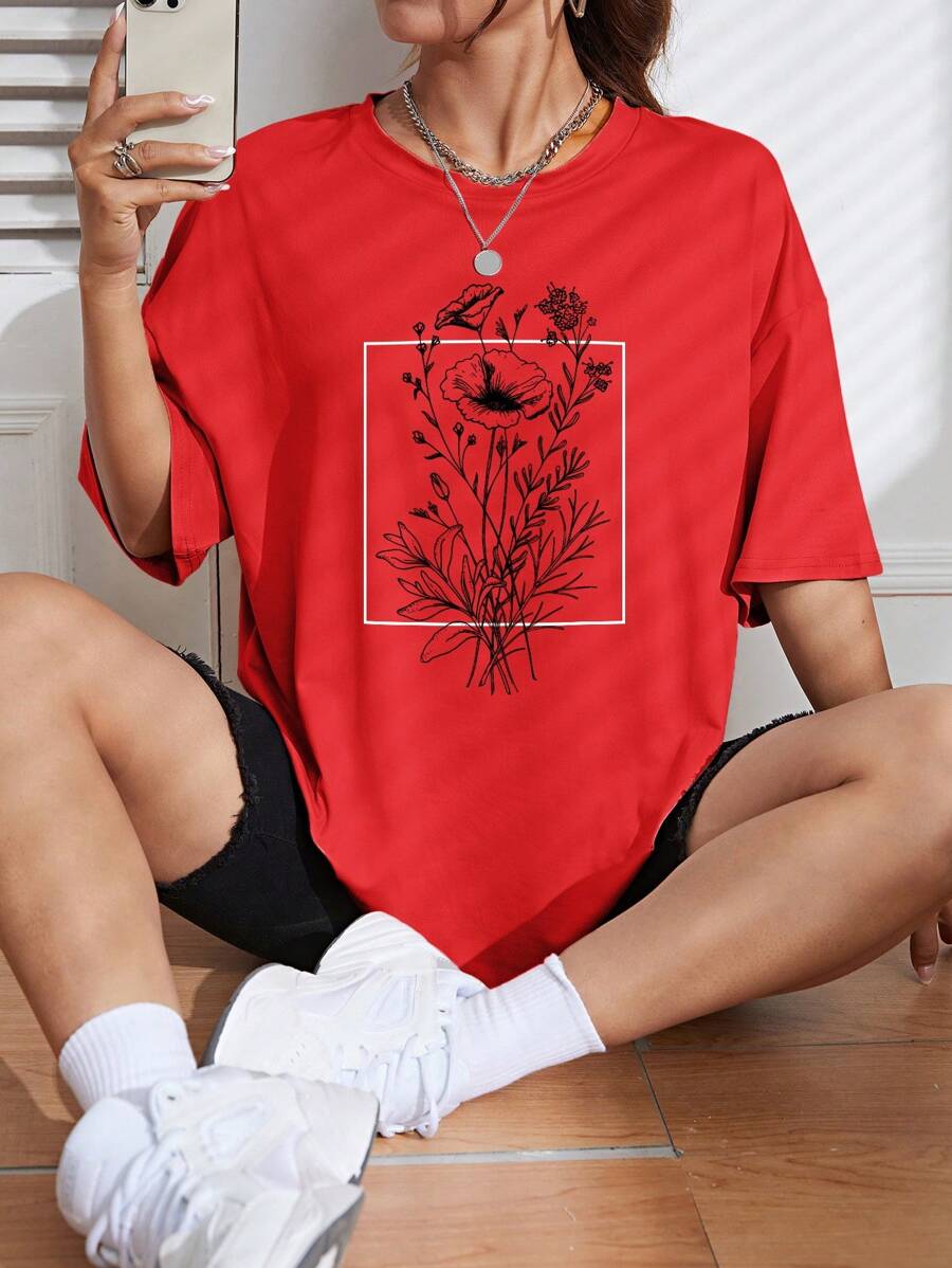 INAWLY 女式花卉印花休闲宽松船领 T 恤，夏季 - 紅色 - 查看 1