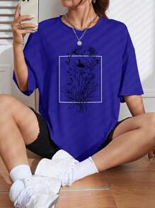 INAWLY Women's Floral Print Casual Loose Round Neck Drop Shoulder T-Shirt, Summer - Royal Blue - View 3