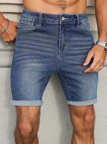 Manfinity Homme Shorts en jean casual à poches et revers pour hommes, polyvalent