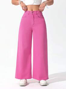 Jeanoix Plus Size Women's Pockets Wide Leg Loose Casual Versatile Denim Pants - Red - View 5