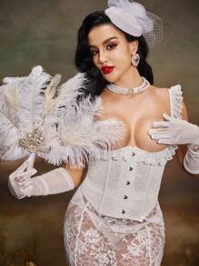 Women's Contrast Lace Ruffle Trim Front Button Waist Band - White - View 1