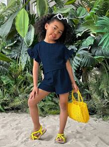 SHEIN Young Girl Vacation Casual Solid Color Round Neck Knit Top And Shorts Set, Spring/Summer