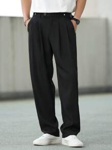 Manfinity Homme 男士纯色褶皱宽松休闲裤 - 黑色 - 查看 4