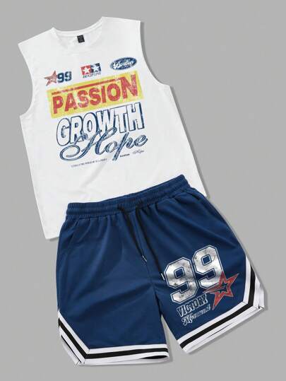 Prep Set estivo composto da canottiera bianca e blu con grafica di stampa a lettere e pantaloncini sportivi casual e di stile, 2 pezzi