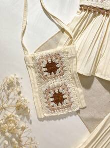 SHEIN Playful Pals 3pcs/Set Baby/Baby GirlCasual Countryside Vacation Sweet Crochet Floral Camisole Tops And Straight Leg Pants Set - Apricot - View 6