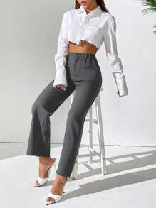 SHEIN PETITE 女士休闲纯色高腰直筒裤 - 深灰色 - 查看 3