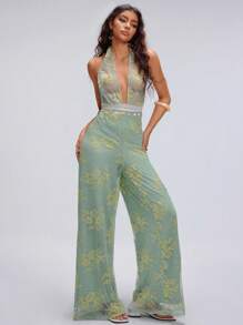 SHEIN Unity 蕾丝花卉刺绣吊带性感露背连体裤 - 綠色 - 查看 4