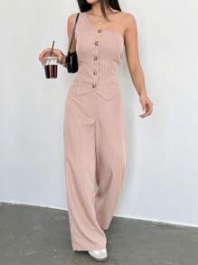 SHEIN Unity 2pcs Casual Khaki Striped Asymmetric Women's Set - Baby Pink - View 6