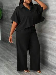 Slaydiva Conjunto de 2 piezas de camisa y pantalón de unicolor talla grande para mujer, elegante, uso diario y para ir a la oficina, estilo casual informal