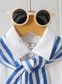 男童短袖衬衫休闲度假风，蓝白条纹披肩，亚麻面料 - 白色 - 查看 6