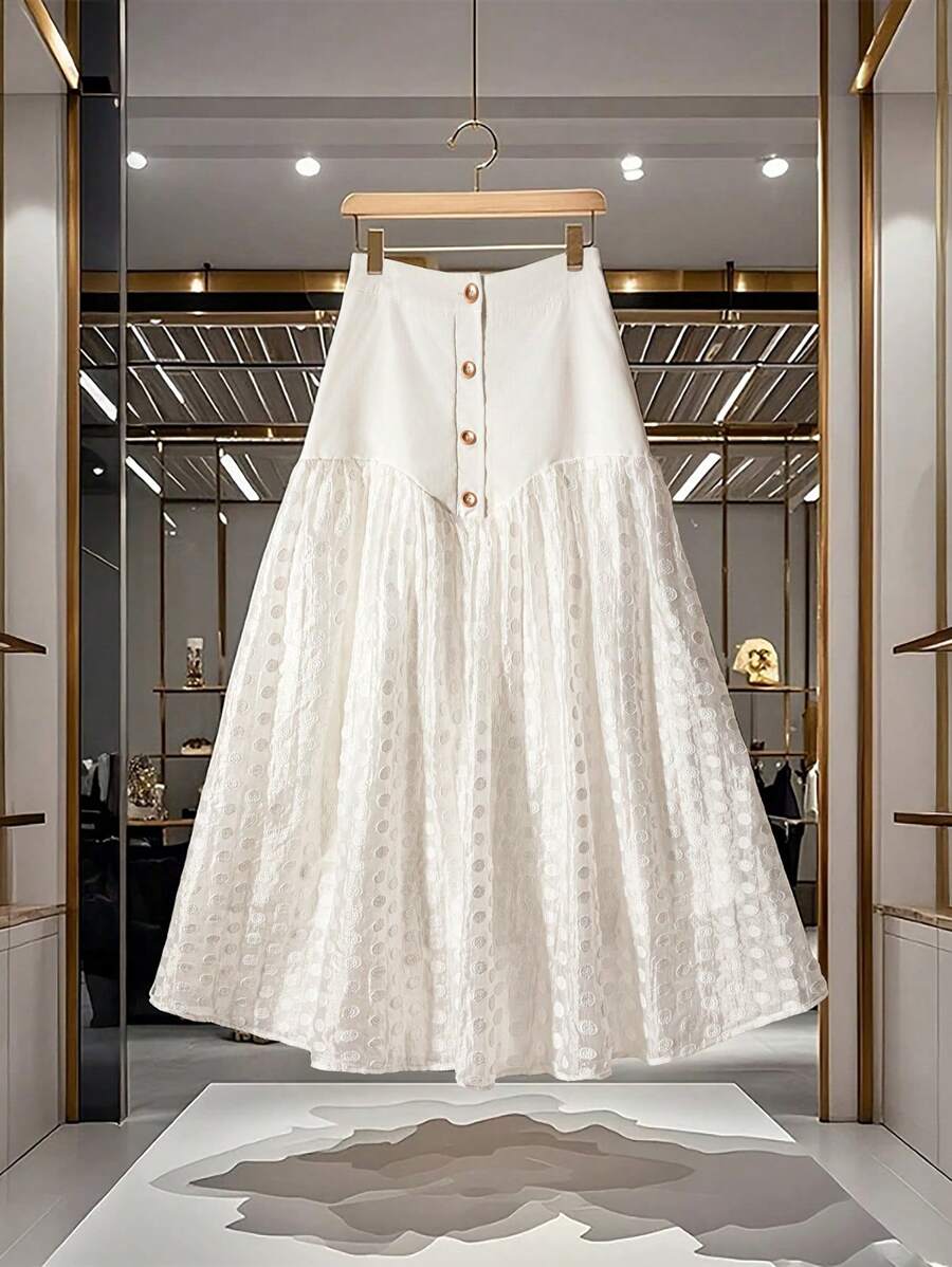 SHEIN Clasi 女式 A 字波点拼接腰部喇叭中长裙 - 白色 - 查看 1