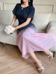 DAZY Vestido de media longitud con mangas abullonadas, plisado y con efecto ombré para mujer, vestido de invitada de boda - Rosa - Ver 5