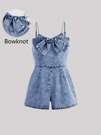SHEIN Girlism Meisjes Lente Zomervakantie Lichtblauw Gewassen Strik Voorkant Leuke Denim Overalls Jumpsuit Shorts, Meisjes Zomer Strand Boho Concert Rave Festival Outfits