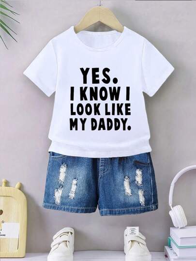 Baby Boy Casual Fashionable Comfortable Minimalist Letter Slogan Print Short Sleeve Round Neck T-Shirt, Summer Dad's Baby Clothes