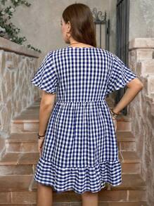 SHEIN LUNE Plus Size Summer Casual Plaid Ruffle Hem Short Sleeve Dress,Sun Dresses For Women - Navy Blue - View 2