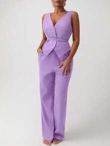 Aloruh Elegant Solid Color Versatile Commuter Suit Jacket, Vest And Pants 2 Pieces Set - Purple - View 4