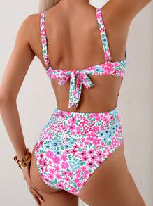 SHEIN Swim 1 件女士度假海滩花卉印花露背连体泳衣 - 彩色 - 查看 2