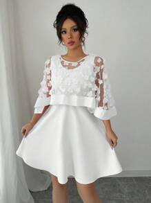 Elenzga 女士樱花透视披肩领纯色优雅连衣裙