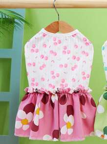 PETSIN Pink Elegant Bow Decor Fruit Cherry Print Lightweight & Breathable Pleated Skirt For Pets, Suitable For Spring/Summer Outdoor, Europe & US Popular - Pink - View 3