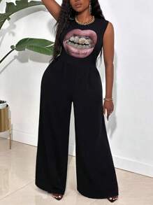 Maweii Plus Size Women's Comfortable Casual Jumpsuit With Rhinestone Lip Print - Multicolor - View 4