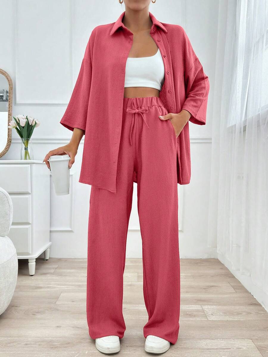 EURMUSE 2pcs Fashionable Summer Two-Piece Set (Top And Pants) - Rusty Rose - View 1