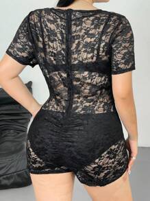 Flirla New Sexy Lace Patchwork V-Neck Short Sleeve Jumpsuit, Elastic Fabric Design Cinched Waist Shorts For Women, Bow Decor Sweet Punk Style - Black - View 2