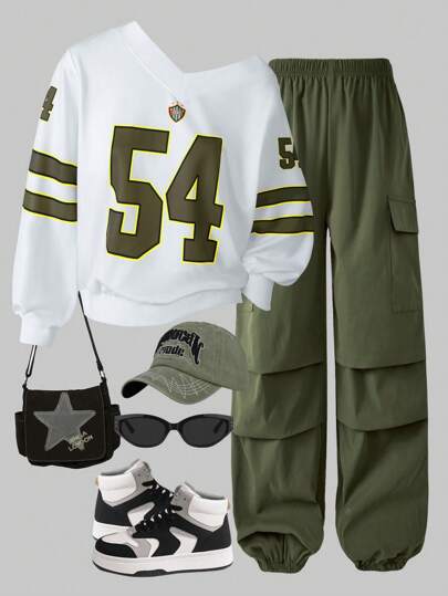 SHEIN ChillGRL Tween Girls 2 件套春秋运动撞色数字印花长袖运动衫和工装裤套装，酷女孩日常装扮