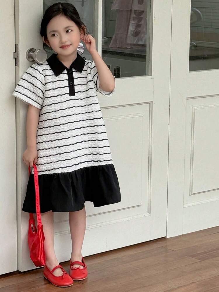 Girls Kids Striped Lapel Short Sleeve Knitted Casual Dress, Summer