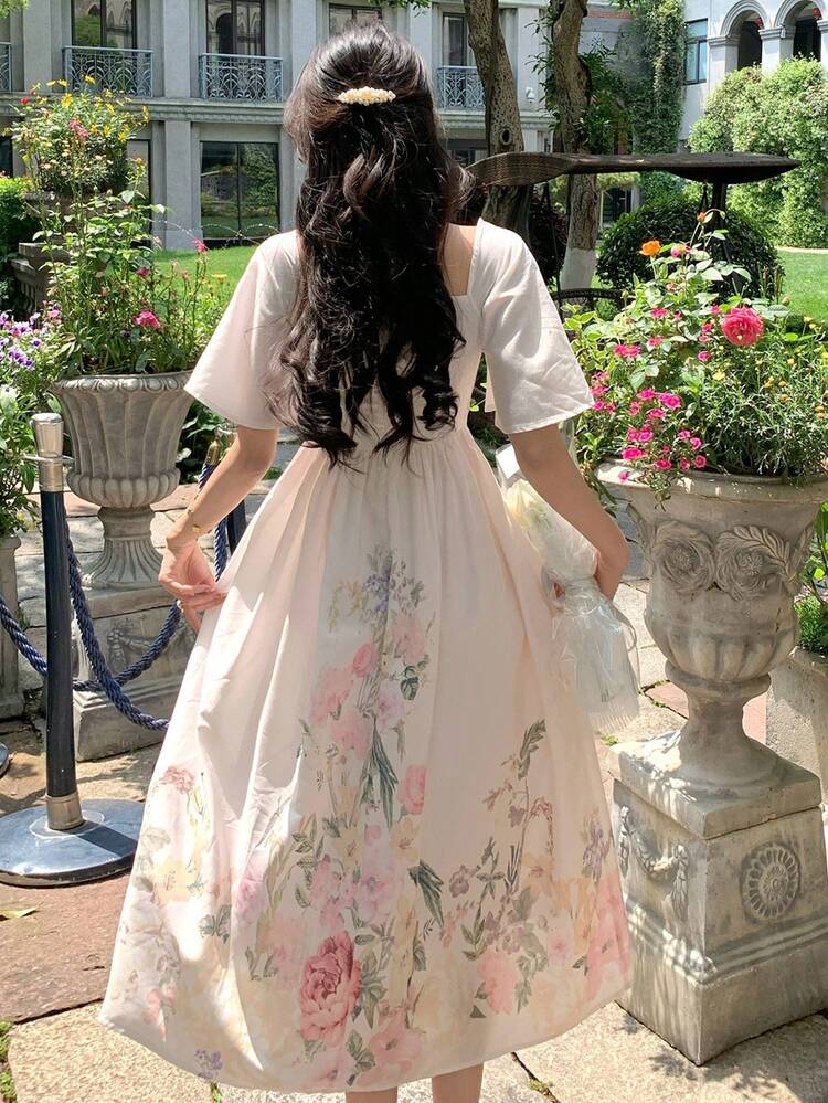 Floral Print Full Skirt Flare Sleeve Dress, Resort Wear For Women Vacation Outfits Women Easter Dress