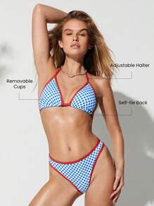 GLOWMODE Glow Up Quick Dry Chlorine Resistant Removable Cups Colorblock Trim Halter Gingham Triangle Bikini Top Swimming Beach Pool Vacation Resort Travel Summer Wear