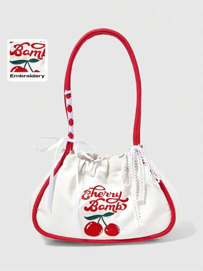 Kawaii Women's Red Trim Minimalist Multifunctional Shoulder Bag, White