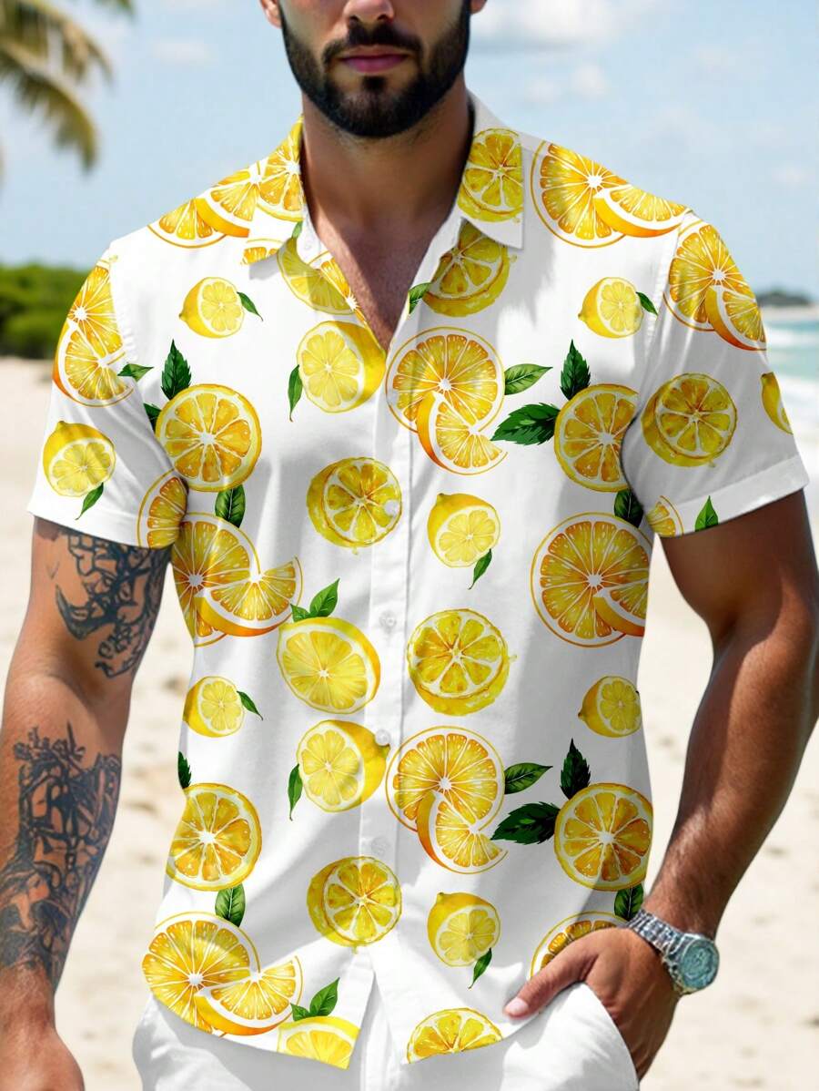 Manfinity RSRT Fashionable Casual Holiday Style Lemon Fruit Digital Printing Pattern Regular Fit Men's Short Sleeve Shirt, Suitable For Summer Outdoor, Vacation, Dating, Parties, Essential Matching Item, Couple, Ideal Gift For Boyfriend