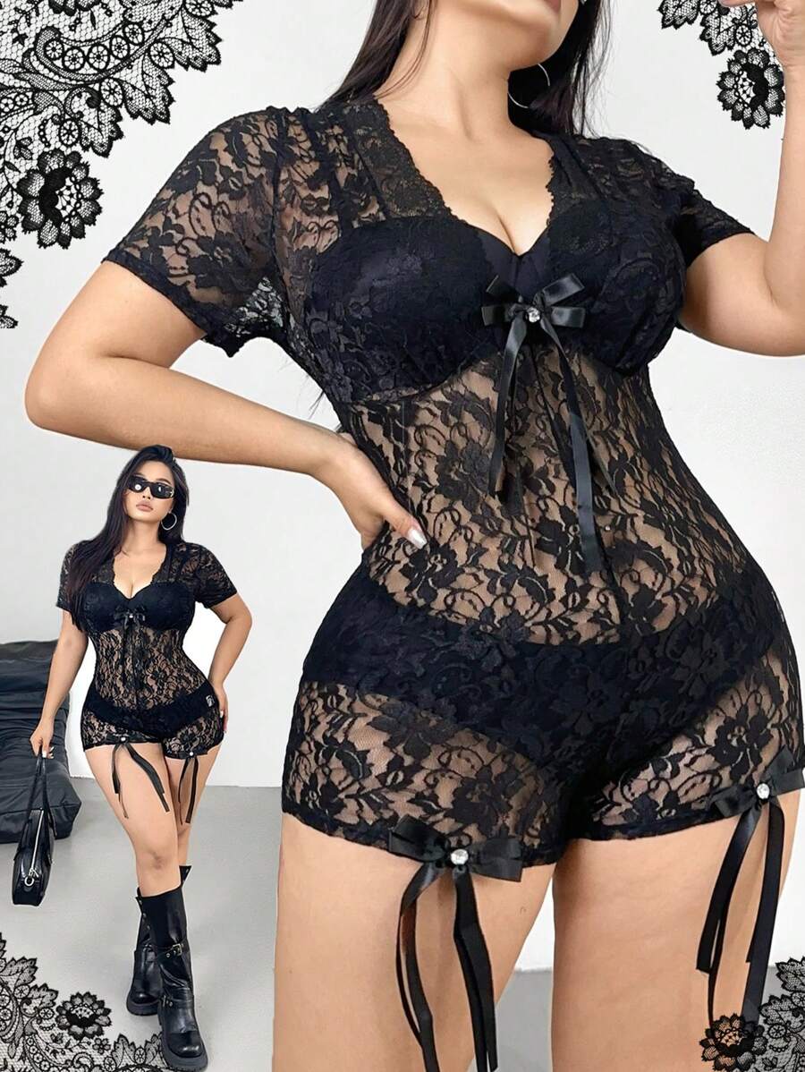 Flirla New Sexy Lace Patchwork V-Neck Short Sleeve Jumpsuit, Elastic Fabric Design Cinched Waist Shorts For Women, Bow Decor Sweet Punk Style - Black - View 1