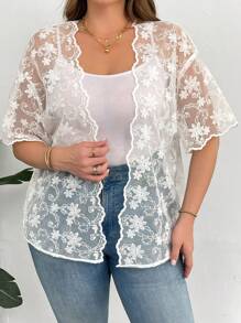 SHEIN Essnce Plus Size Women's Summer Elegant White See-Through Cardigans,Embroidered Short-Sleeved Lace Tops,Tea Party Tops - Beige - View 6