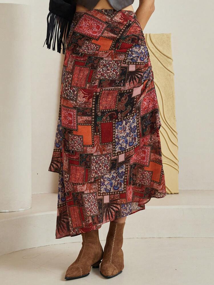 Bohemian Geometric Print Ruffle Detail Skirt For Women, Summer