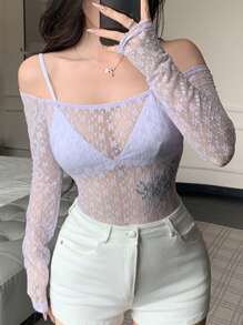 DAZY Sheer Lace Off Shoulder Long Sleeve Cover Up Top, Cropped, Light Purple, Summer