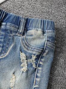 SHEIN Quần short denim xanh bó sát, phong cách retro, bạc màu, rách rưới, thời trang cho bé trai, thích hợp mặc hàng ngày mùa hè. - Rửa trung bình - Xem 4