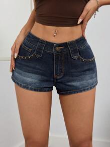 Ladies' Casual Versatile Rivet Embellished High Street Denim Shorts - Dark Wash - View 5