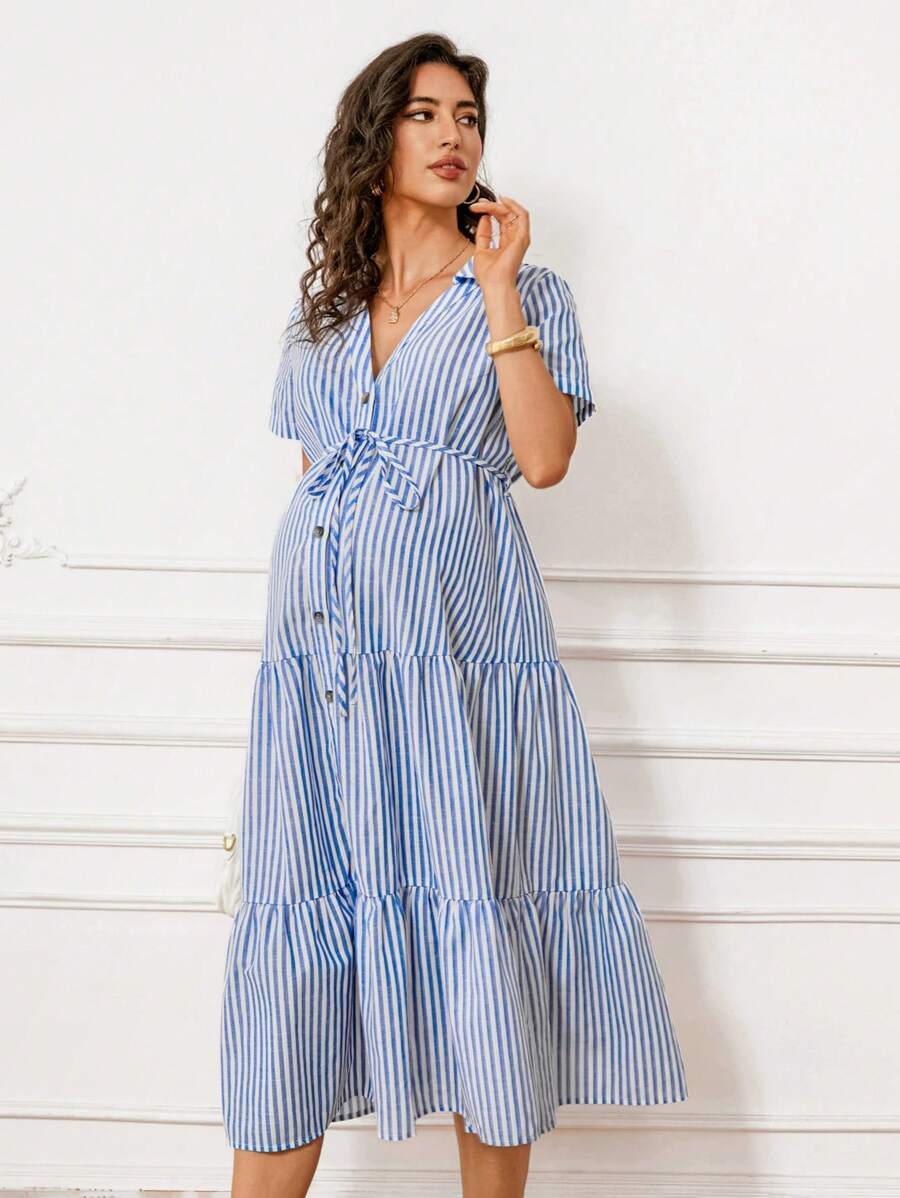 MaterniWear Đầm sọc xanh cổ áo sơ mi bà bầu có nút trang trí - Xanh và trắng - Xem 1