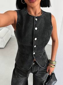 EURMUSE Women's Denim Long Vest Tops Button-Up Back Slit Sleeveless Pocket Round Neck Waistcoat Woman S Summer Clothes - Black - View 3
